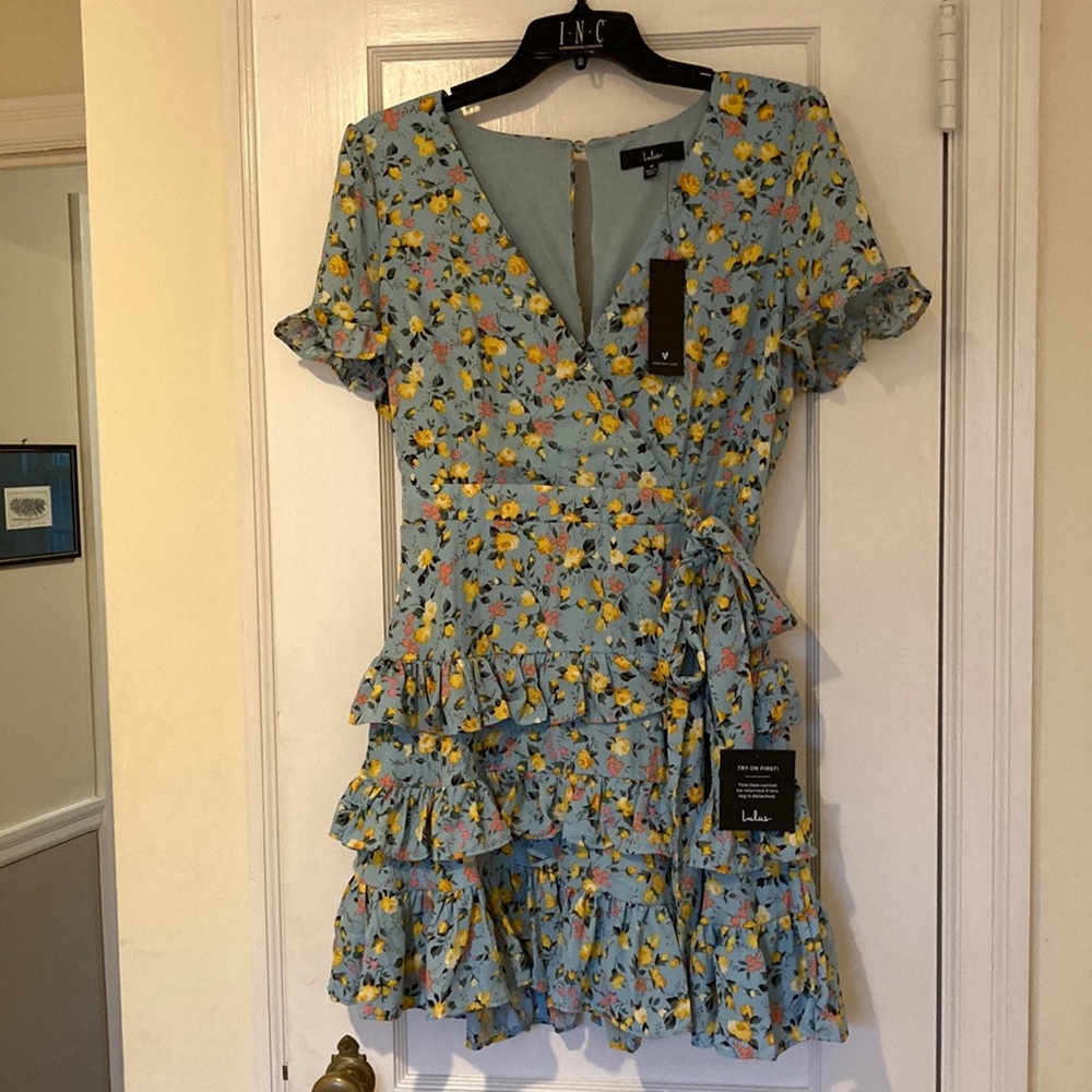 NWT Lulu’s Feeing Butterflies Light Blue Floral Tiered Ruffle Mini Dress